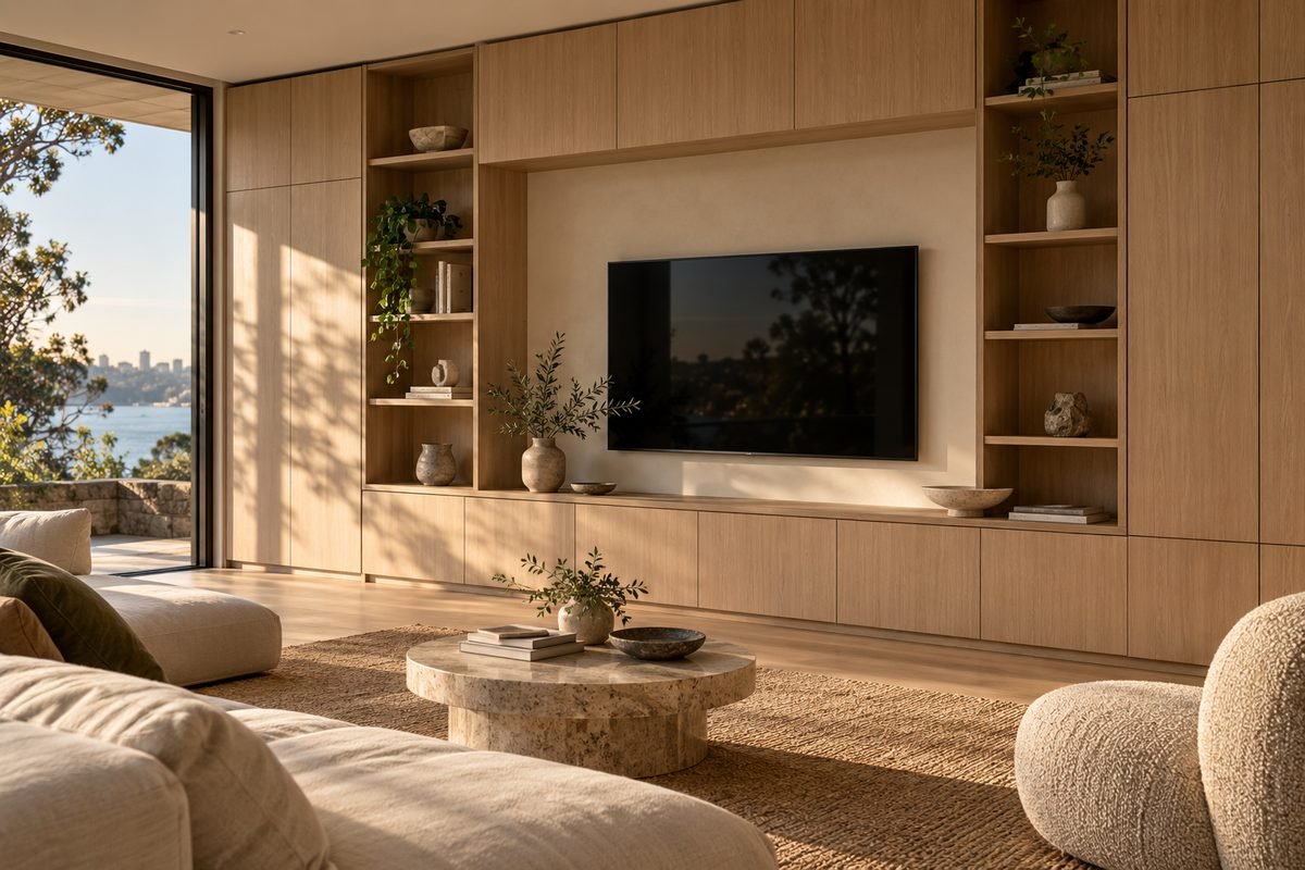 Floor-to-ceiling custom living room cabinetry and display shelving